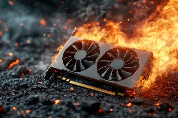 Nvidia to acquire AI startup CentML for over $400M. A striking image of a graphics card engulfed in flames, set against a backdrop of molten lava, symbolizing power, destruction, and technological intensity.