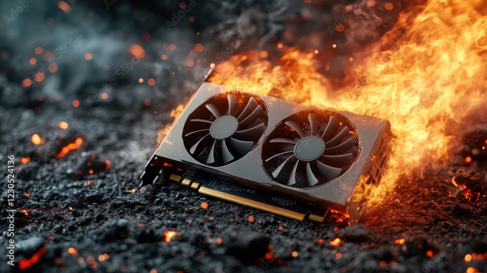 A striking image of a graphics card engulfed in flames, set against a backdrop of molten lava, symbolizing power, destruction, and technological intensity.