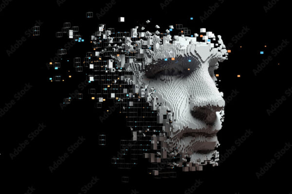 Abstract digital human face.  Artificial intelligence concept of big data or cyber security. 3D illustration