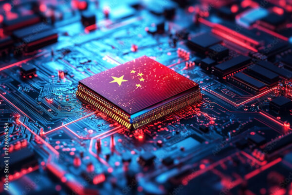 AI creative artificial Intelligence icon on flag of China and sunset sky background, Chips and Brain. Neural networks and machine learning concept. Deepseek, Chatgpt