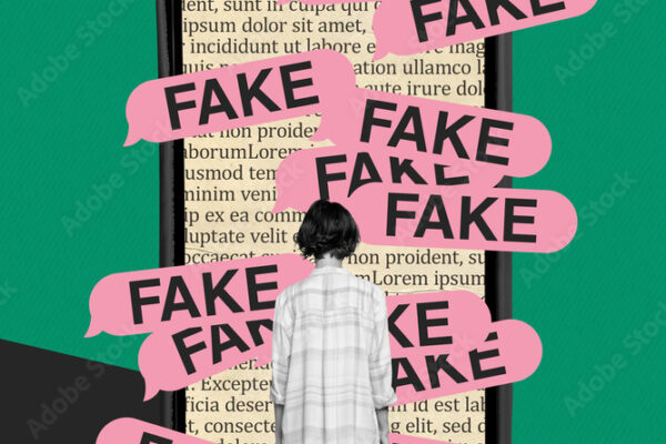 Minimal creative photo collage of young woman watching big smartphone display red fresh fake news isolated on green color background