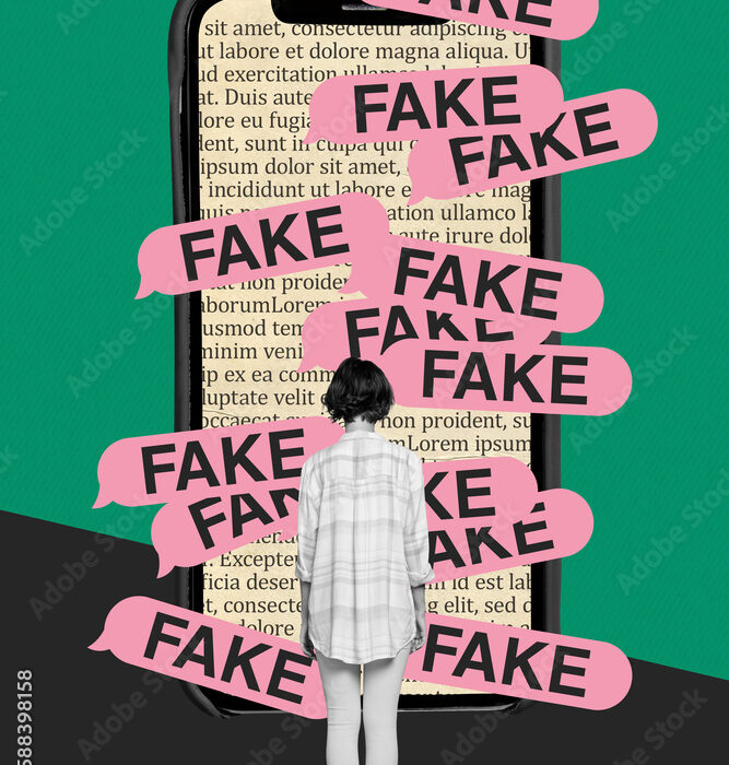 Minimal creative photo collage of young woman watching big smartphone display red fresh fake news isolated on green color background