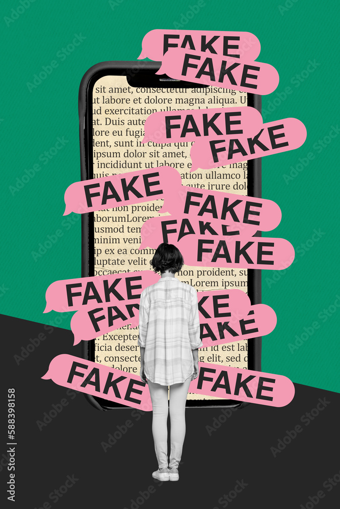 Minimal creative photo collage of young woman watching big smartphone display red fresh fake news isolated on green color background