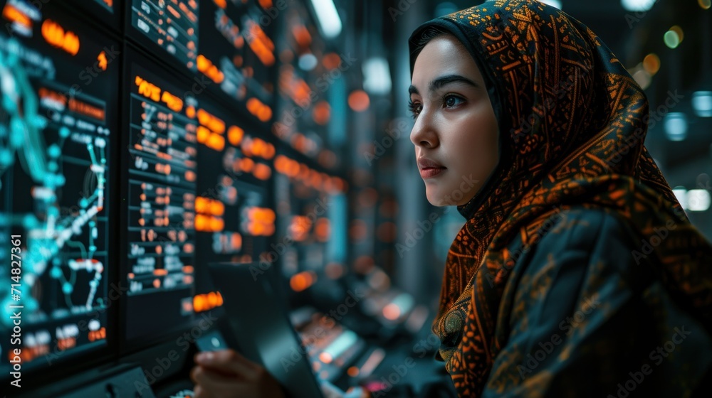 Portrait of a young muslim woman wearing hijab and looking at the monitor with stock market data.