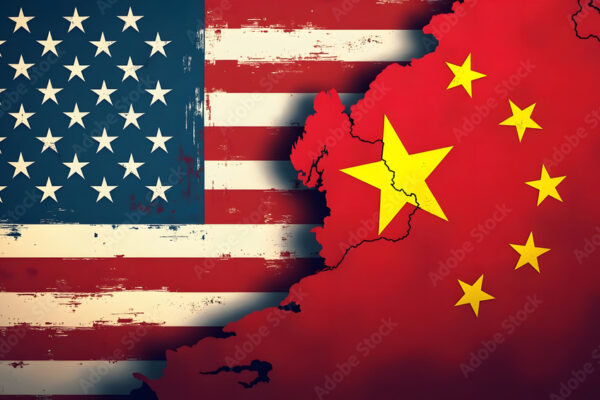 United States tariffs policy, USA and China trade war concept. Flag of china and america. Increased tariffs and import duty on products