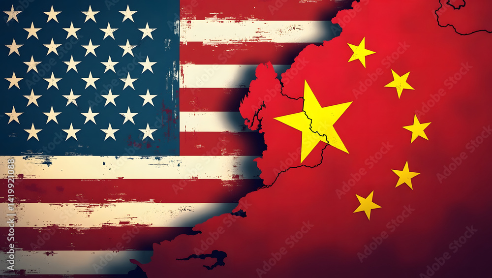 United States tariffs policy, USA and China trade war concept. Flag of china and america. Increased tariffs and import duty on products